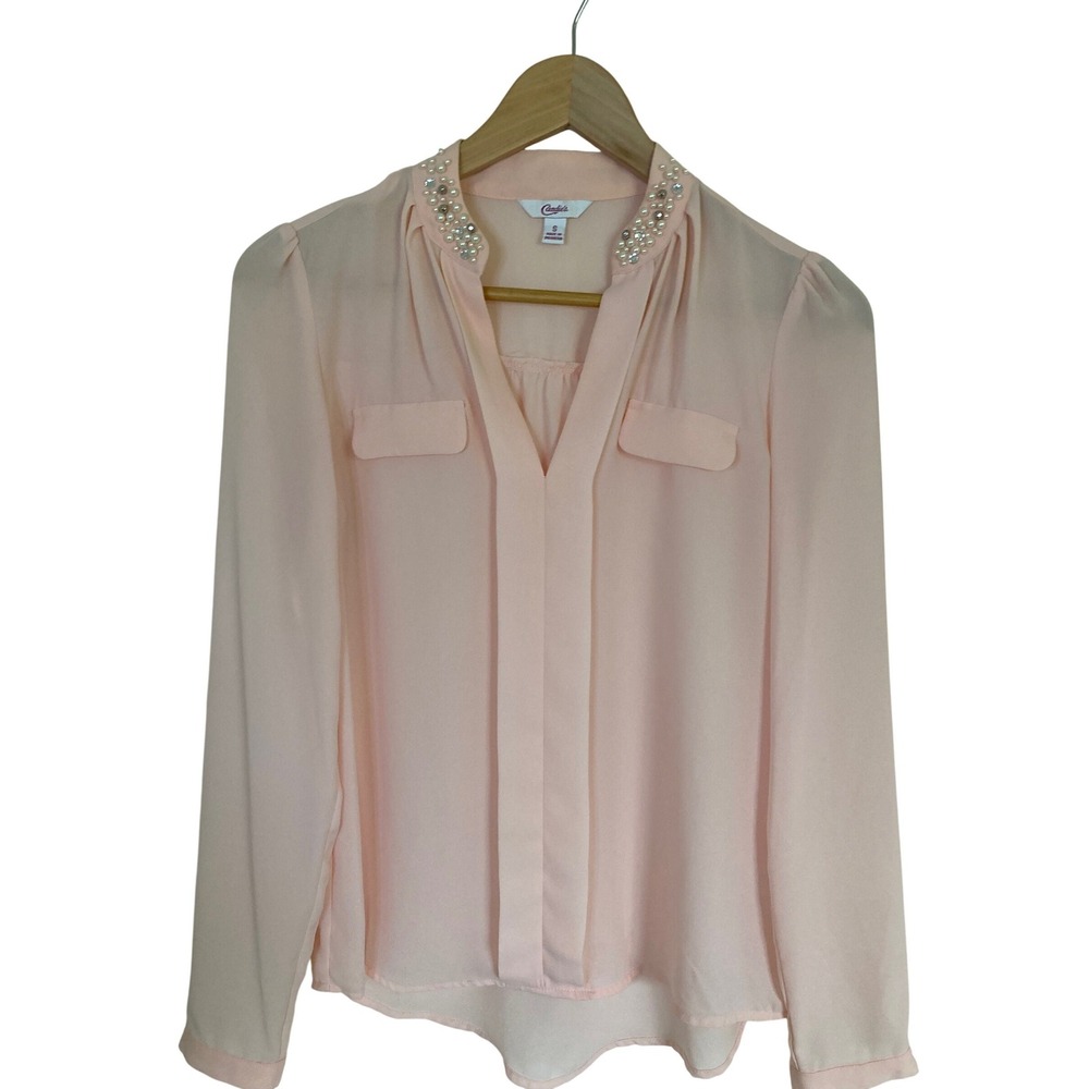 Candies Pink Chiffon Embellished Collar Blouse Long Sleeve Pearl Rhinestone S
